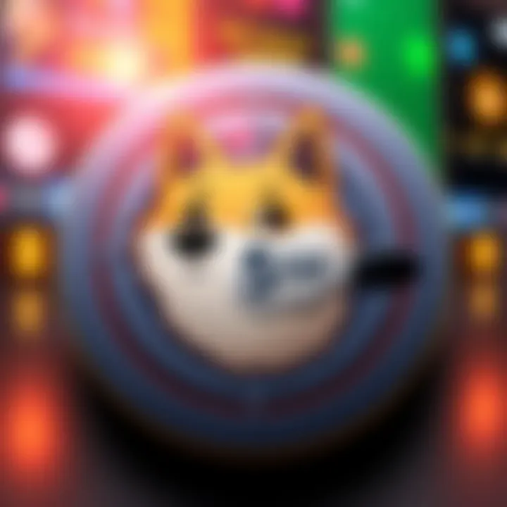 A cartoonish Dogecoin dog with a target showing 5 cents, symbolizing the goal for Dogecoin's value.