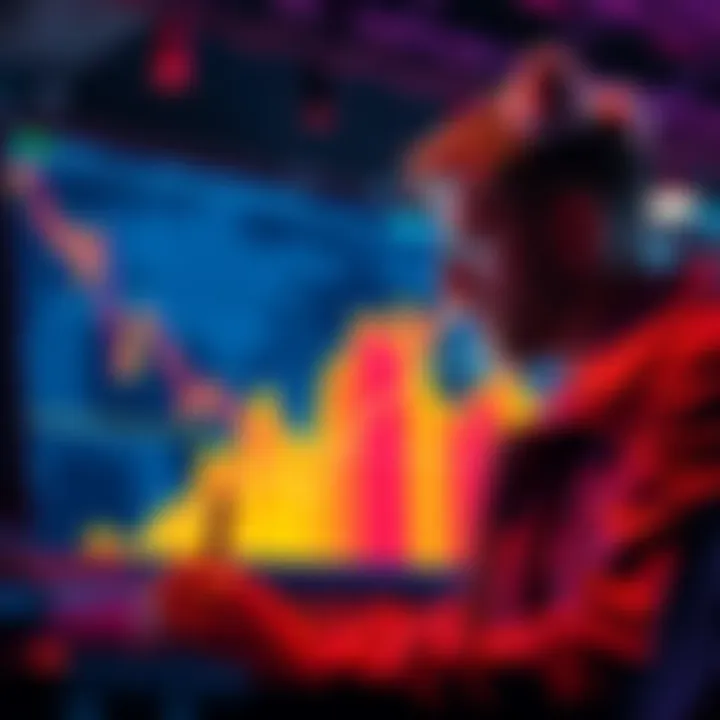 A graph showing Dogecoin price trends with upward and downward movements, with a trader analyzing the chart.