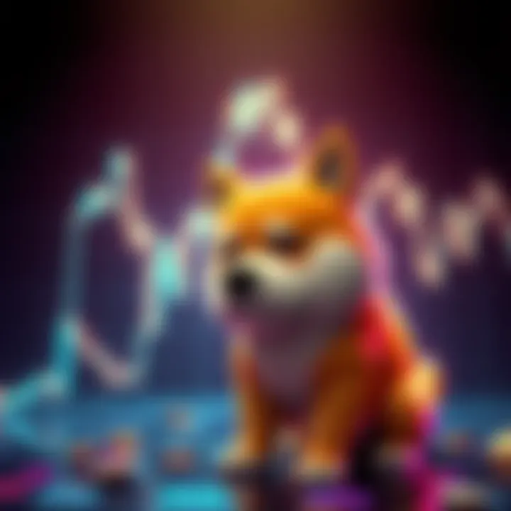 A graph showing a downward trend in Dogecoin value with a sad dog mascot in the foreground