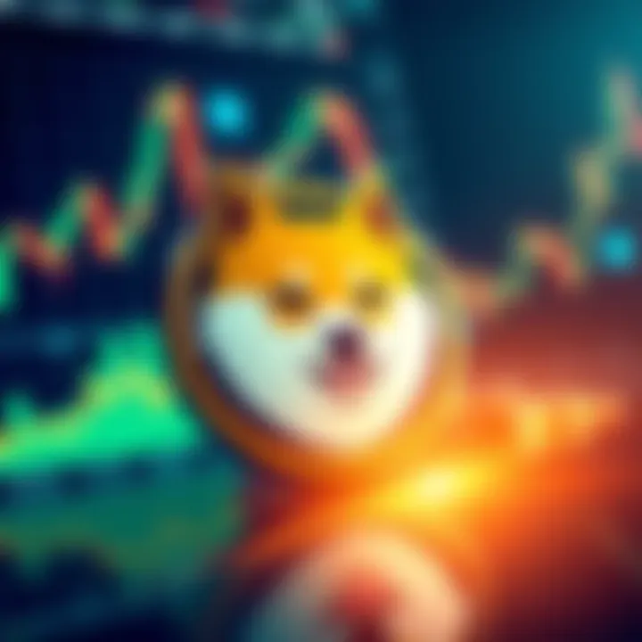 A visual showing the Dogecoin logo with price charts and market trends in the background