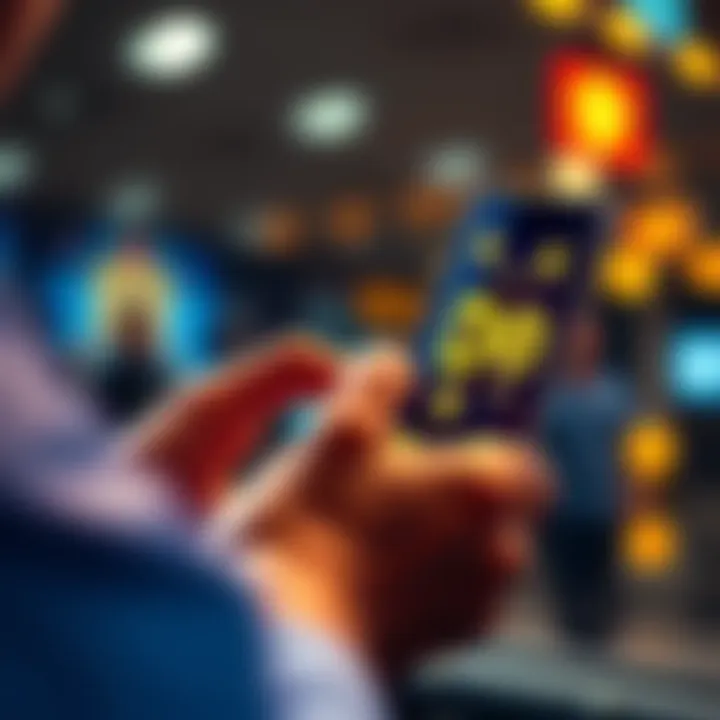 A person checking their Dogecoin wallet on a smartphone with Dogecoin symbols displayed