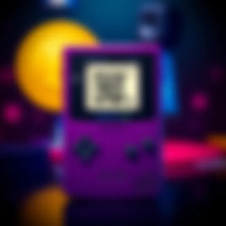 A Game Boy Color displaying the DogeGB wallet interface, featuring a QR code for Dogecoin addresses, with a Dogecoin logo in the background.