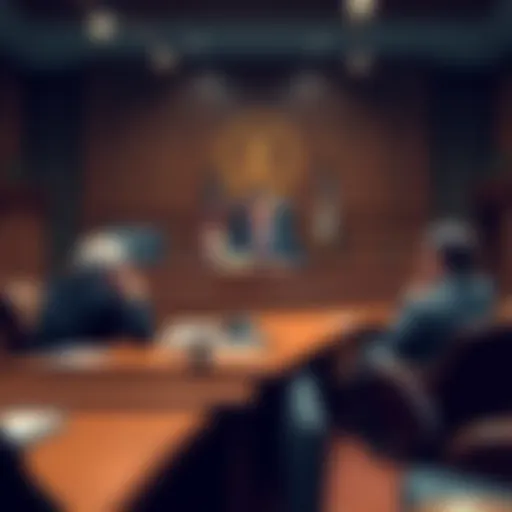 A courtroom scene depicting a judge and lawyers discussing the indictment of Paxful's founder for money laundering charges.