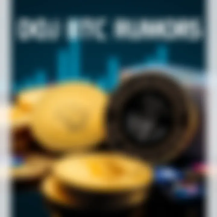 Graphic of Bitcoin coins and a Department of Justice emblem with social media icons