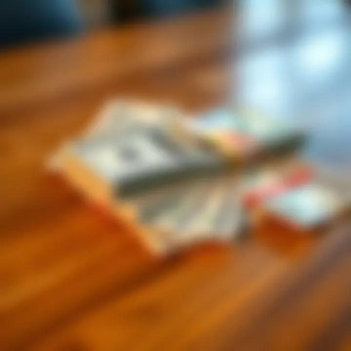 Stack of dollar bills laid out on a wooden table, representing currency and transactions.