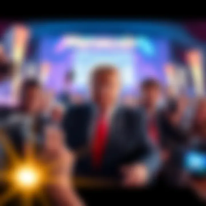 Donald Trump at Memecoin Gala Donald Trump arrives at the Memecoin Gala event surrounded by fans and media, celebrating cryptocurrency culture.
