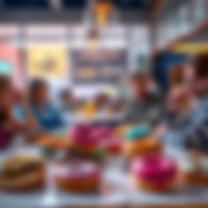 A colorful assortment of donuts around a table with people chatting, symbolizing engaging conversation.