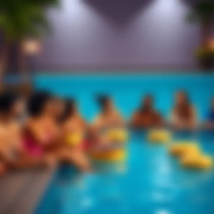 A group of people sitting by a pool, sharing and enjoying various donuts while chatting and laughing
