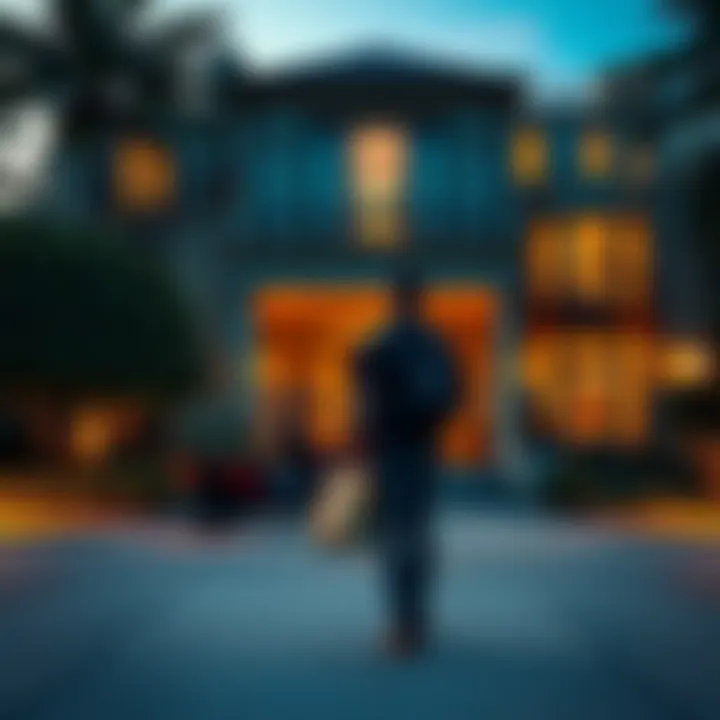 A DoorDash driver stands in front of a large, elegant house holding a delivery bag, showcasing the contrast between their humble work and the upscale environment.