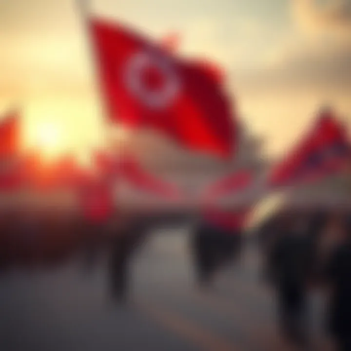 People celebrating the 78th anniversary of DPRK with flags and banners in Pyongyang.
