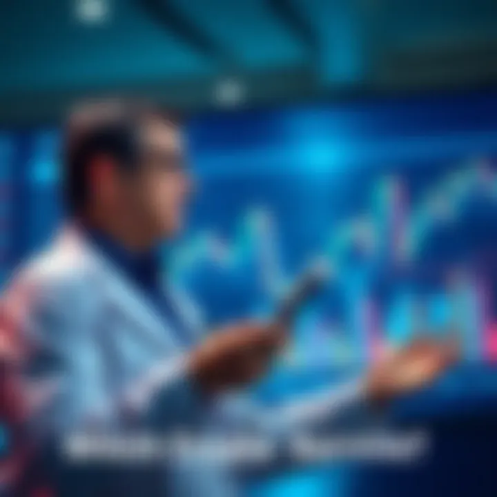 Dr. Leemon sharing insights about the future of cryptocurrencies with a graph showing market trends in the background
