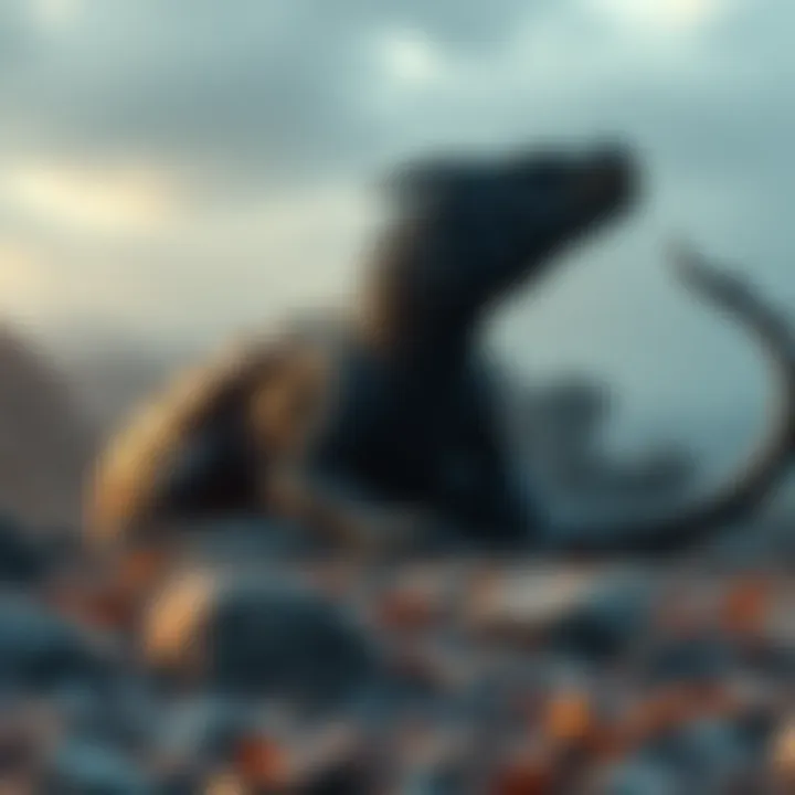 A fierce dragon named Caraxes with dark scales, appearing lifeless on a rocky landscape, surrounded by a somber atmosphere.