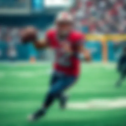 Drake Maye in action on the field, showcasing his skills as a quarterback while navigating a tough defense.