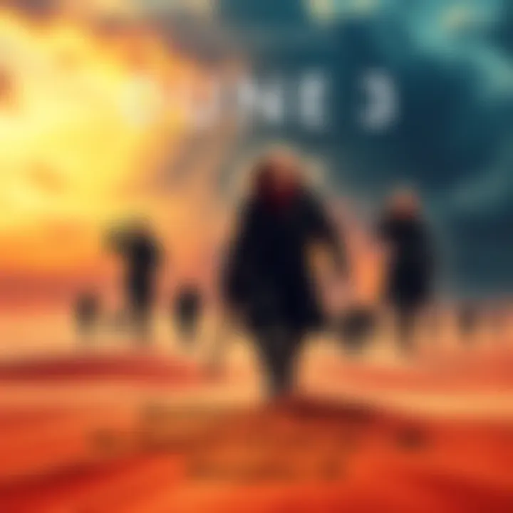 Dune 3 Movie Poster Promotional poster of Dune 3 showing characters in a sci-fi desert setting with dramatic skies