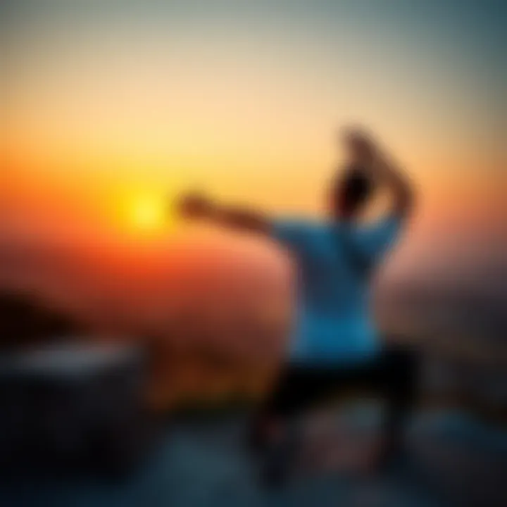 A person stretching and enjoying a peaceful morning view during sunrise, symbolizing the benefits of waking up early for success.