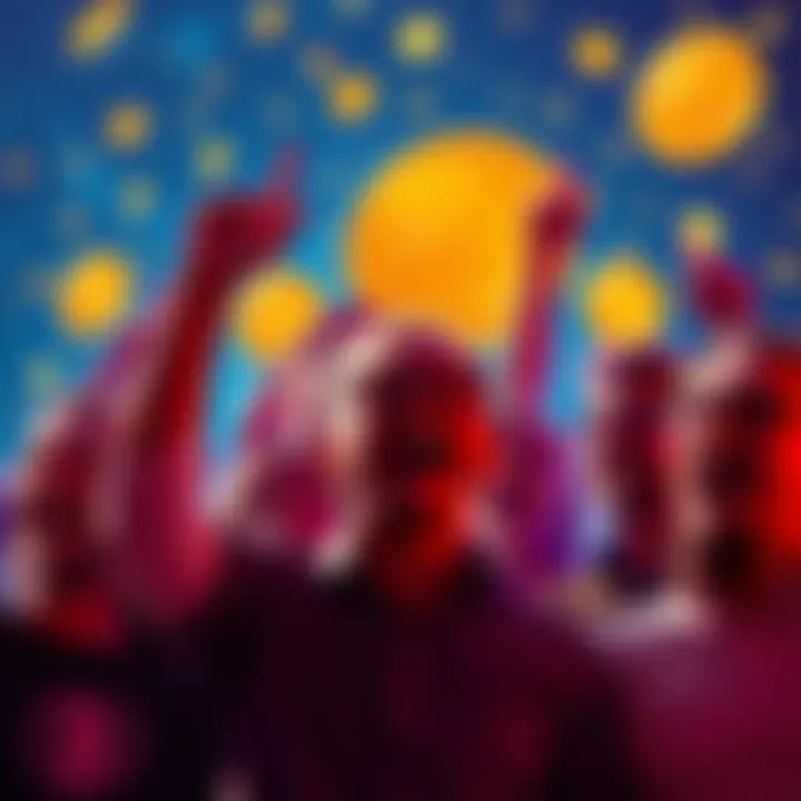 Group of people looking excited and celebrating with Bitcoin symbols in the background