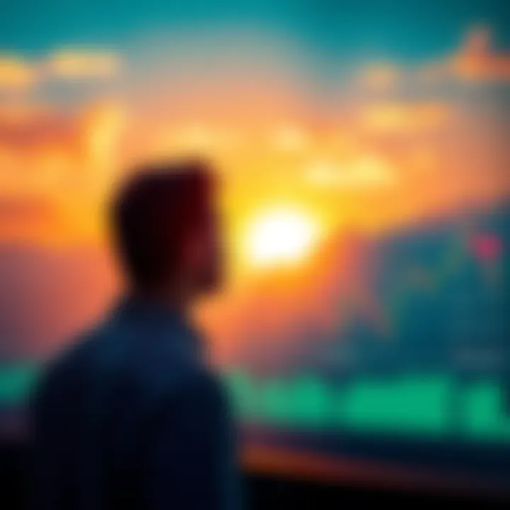 A person looking at a sunrise with investment charts, symbolizing the advantage of being early in investments.