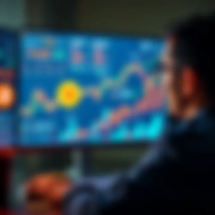 Earn Bitcoin and USD with Stacks Strategies A person looking at graphs and charts of Bitcoin and USD growth on a computer screen, with symbols for STX and USDh nearby.