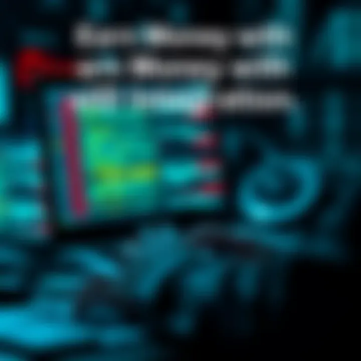 A person working on a laptop with eID system codes on the screen, surrounded by money and tech elements.