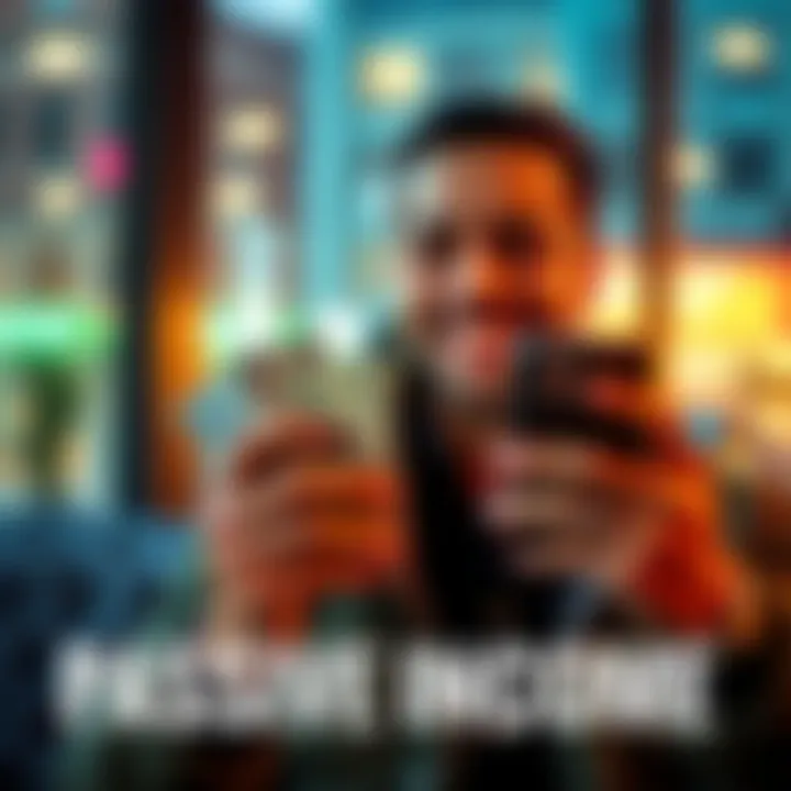 A person smiling while using a smartphone, holding cash to represent earning money through a passive income app.