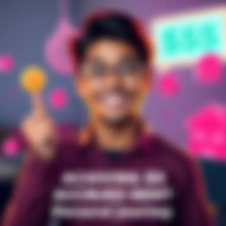 A person celebrating their achievement of earning $5 in rent, holding a small dollar sign with a smile, surrounded by virtual estate icons.