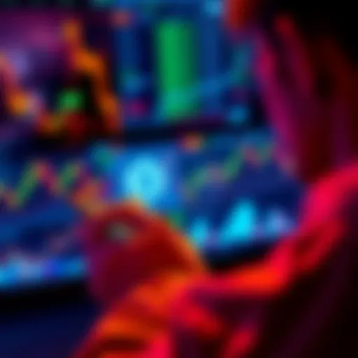 A person looking at a digital wallet with stablecoins on a screen, surrounded by financial charts and graphs, symbolizing interest earning.