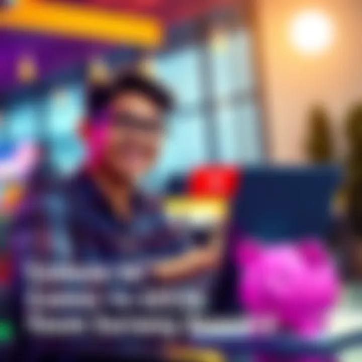 Earning Rewards from Surveys A person smiling with a laptop, showing survey rewards on the screen, and a piggy bank nearby
