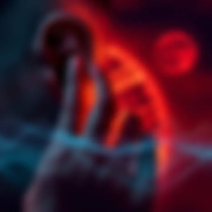 A close-up of a person holding their ear with a distressed expression, surrounded by faint sound waves and a Blood Moon in the background