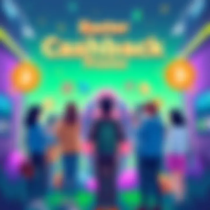 A vibrant illustration showing people scanning QR codes and receiving USDT cashback during the Easter promotion.