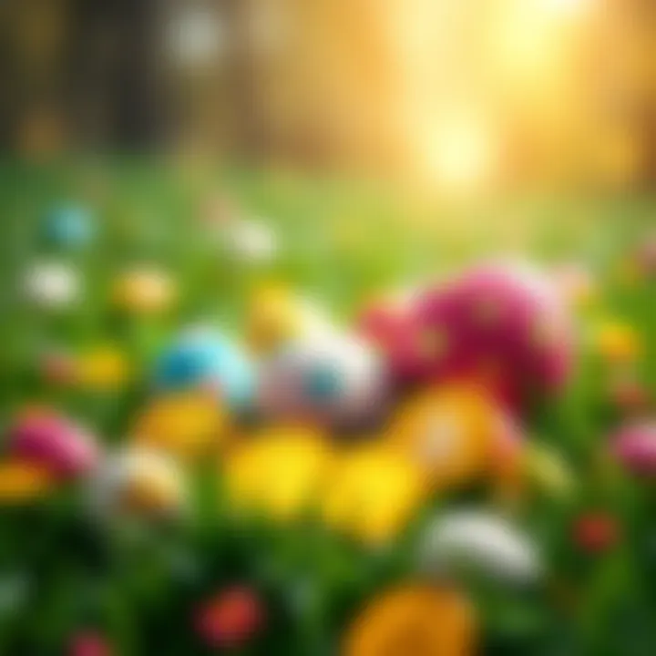 Colorful Easter eggs scattered on grass with USDT coins nearby