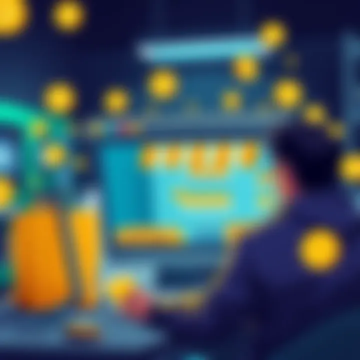 A graphic showing a person setting up an online store that accepts Dogecoin payments, with Dogecoin symbols in the background.