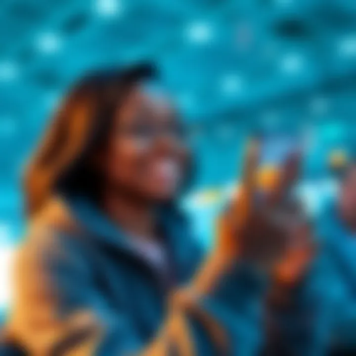 Easy Crypto Experience A person happily using a mobile crypto wallet on their smartphone, with a bright and simple interface displayed on the screen.