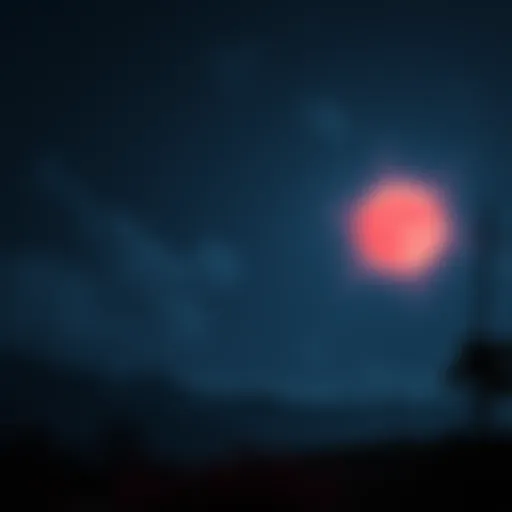 A dark game landscape illuminated by a haunting red moon, creating a mysterious atmosphere with shadows and soft lights.