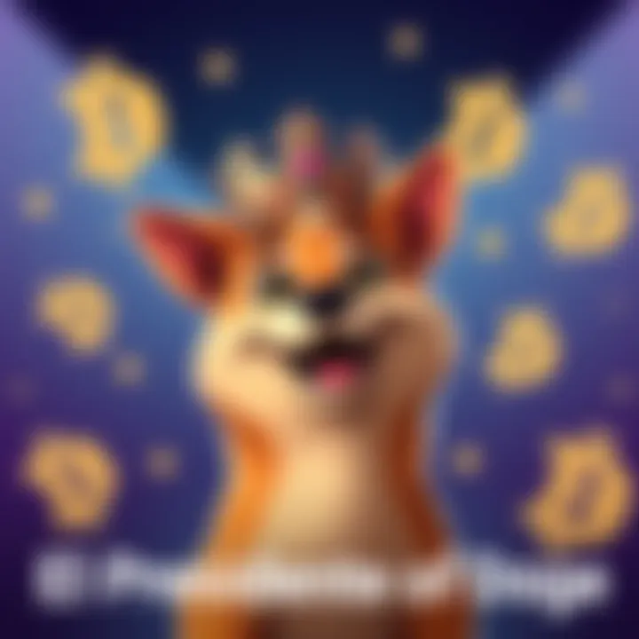 A playful cartoon dog wearing a crown, representing El Presidente of Doge, with Dogecoin symbols in the background.