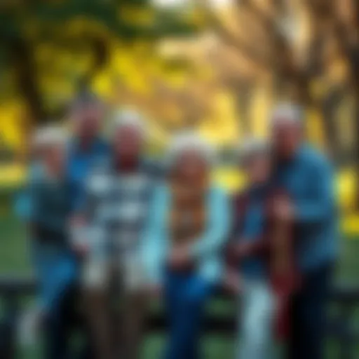 An elderly couple surrounded by their children and grandchildren in a park, symbolizing changes in family structures with longer lifespans.