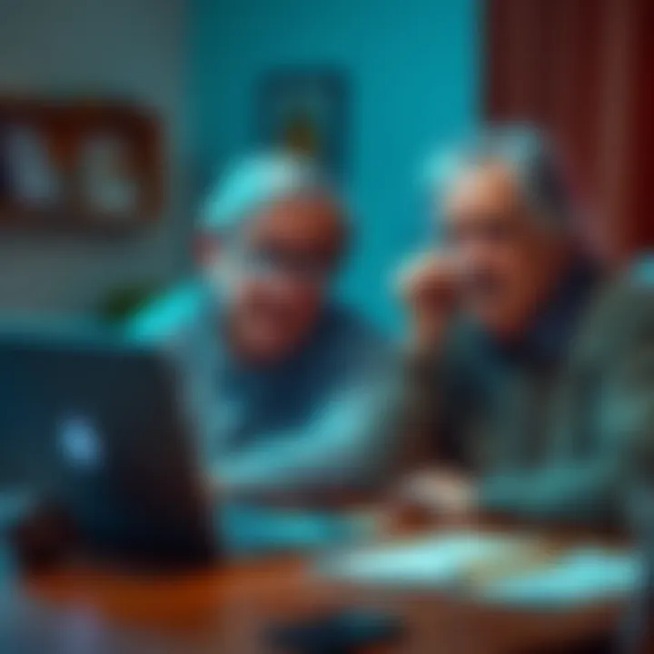A worried elderly couple sits at a table, looking at a laptop showing a fraudulent investment email, showcasing their concern and financial distress.