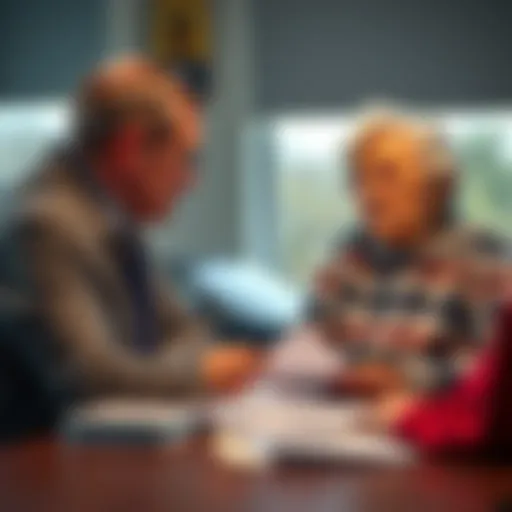 An elderly woman talking to a younger person about car insurance, looking concerned. Papers are scattered on a table between them.