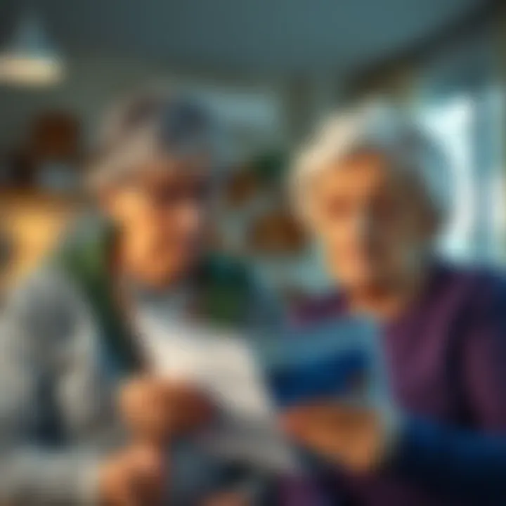 A caregiver sitting beside an elderly woman, both looking concerned while reviewing a creditor summons together.