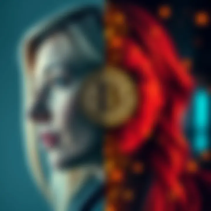 A split image showing Elisabeth Holmes on one side and Bitcoin symbols on the other, representing the similarities in hype and investment behavior.