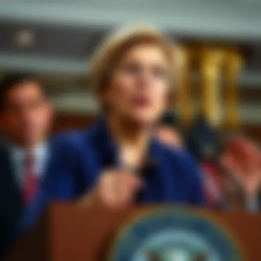 Senator Elizabeth Warren at a podium discussing Trump's crypto bank application