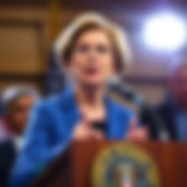 Senator Elizabeth Warren criticizing President Trump at a podium about SEC's decision on Justin Sun's case