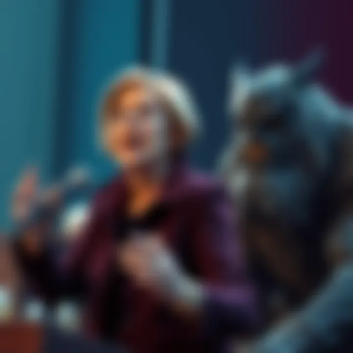 Senator Elizabeth Warren speaking about cryptocurrency while Mr Beast looks on, both expressing contrasting views on digital finance ethics.
