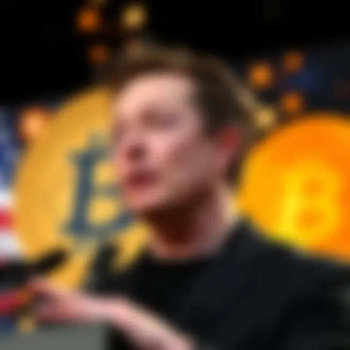 Elon Musk speaks at a press event, warning about a potential $38 trillion bankruptcy for the U.S., with Bitcoin graphics in the background.