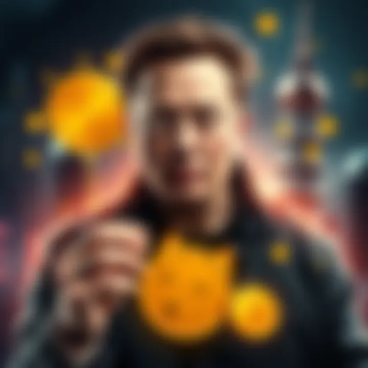 Elon Musk holding a Dogecoin symbol, surrounded by cryptocurrency visuals