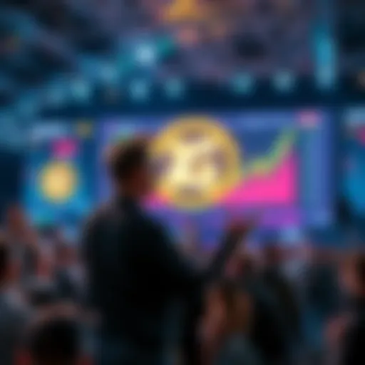 Elon Musk on stage with a digital display showing Gork coin's logo and investment charts, generating excitement among the crowd.