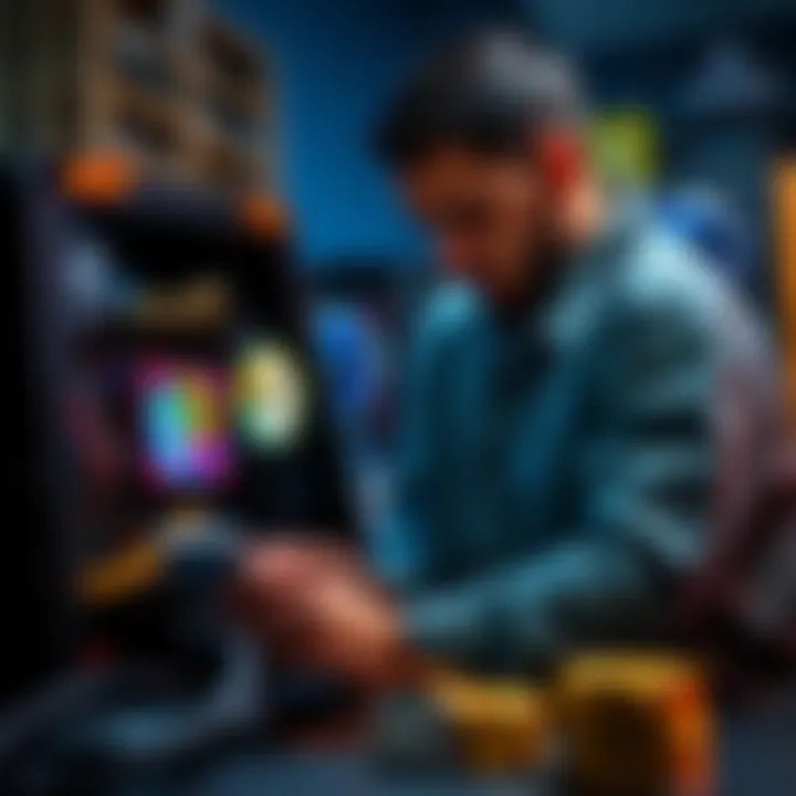 A person setting up the Elphapex DG Home 1 mining rig with computer components and cryptocurrency visuals