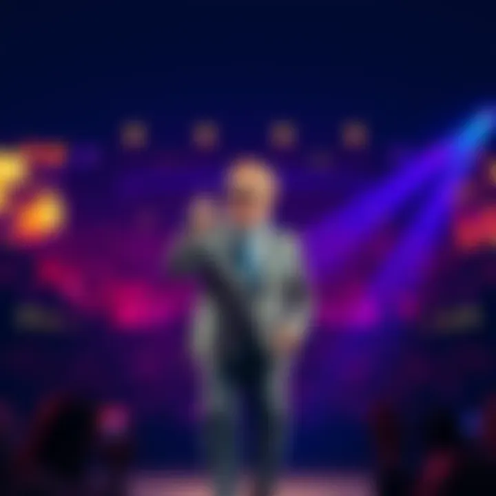 Elton John on stage singing 'I'm Still Standing' with a vibrant crowd in the background