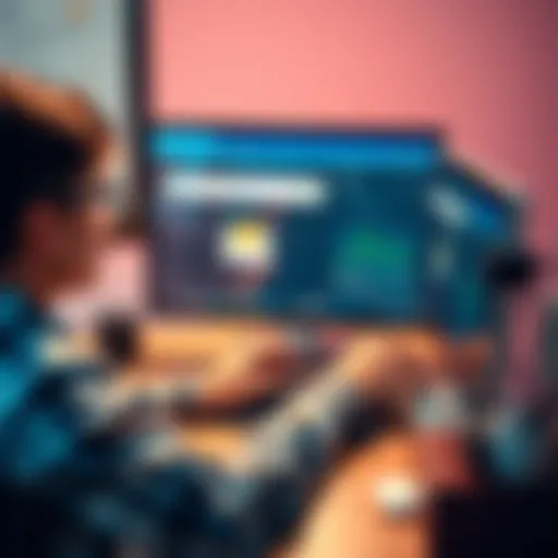 A person sitting at a desk, looking at a computer while typing a new email address to avoid spam. The screen displays an email application with a focus on the address bar.