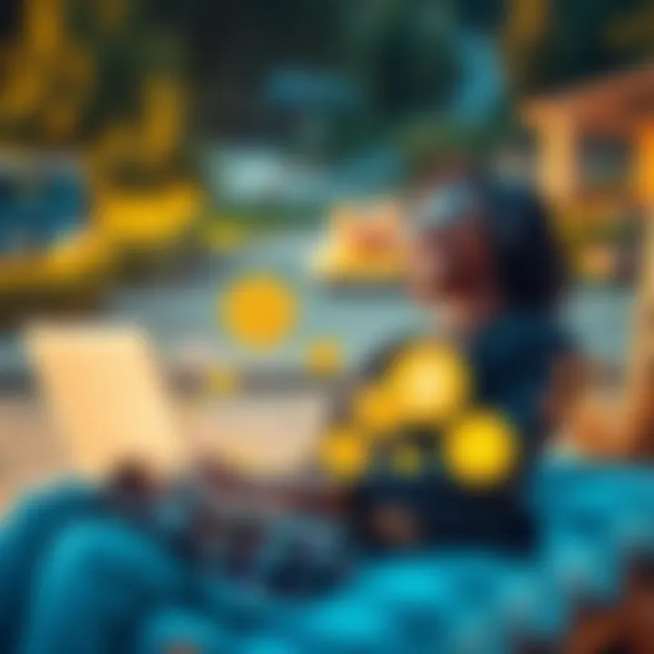 A person enjoying life outdoors with a laptop and Bitcoin symbols, symbolizing financial independence.