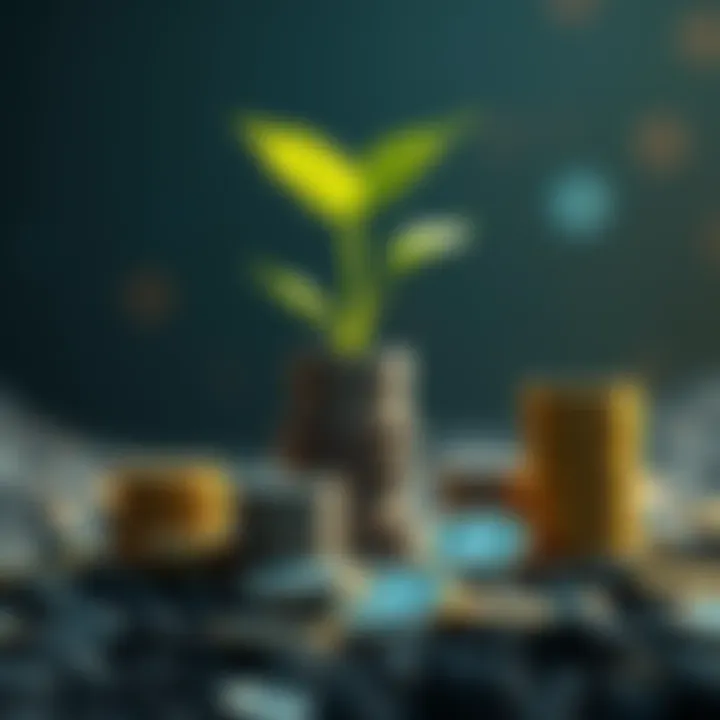 An illustration showing a growing plant symbolizing new cryptocurrency projects alongside stacks of coins, representing investment opportunities.